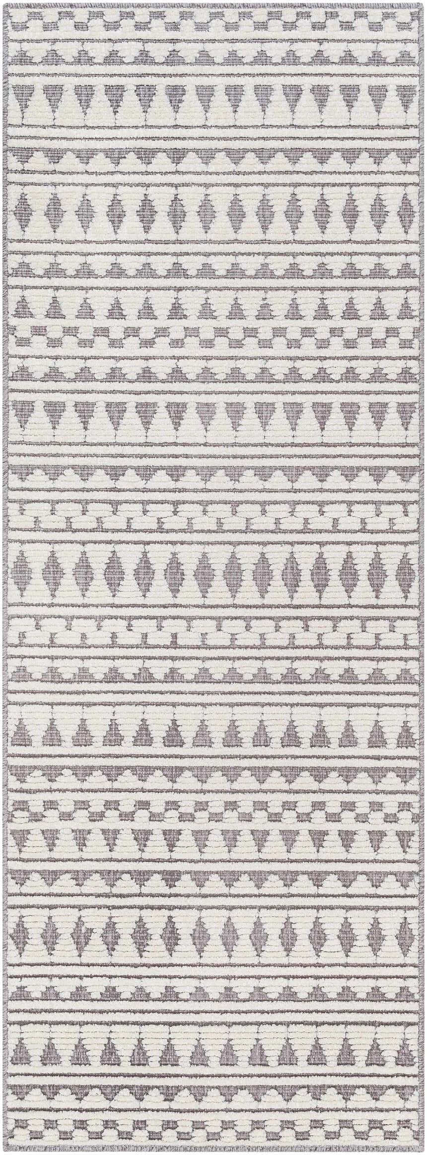 Close-up of Cili Washable Area Rug. Geometric pattern in cloud gray and light gray. Machine woven texture. Design-Runner-2772