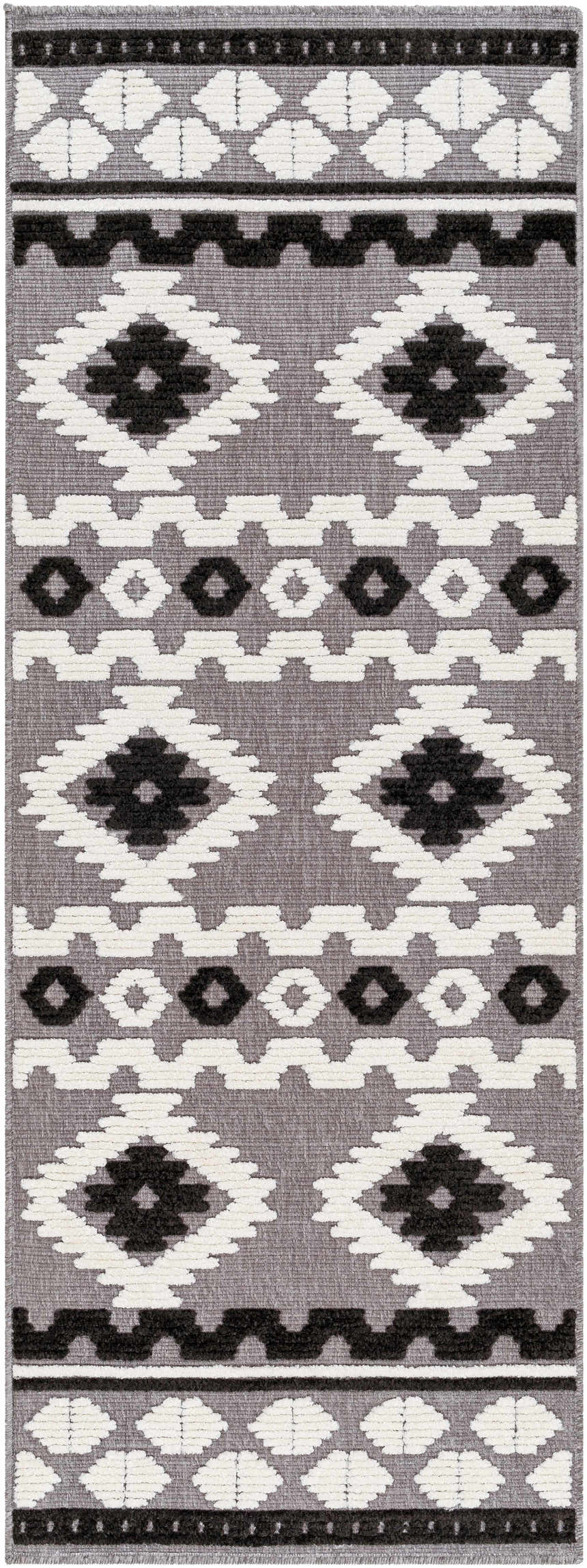 Close-up of Noki Washable Textured Southwestern Rug with dark gray, black, and white geometric pattern. Design-Runner-2772