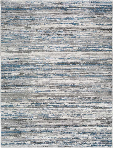 Close-up of the Skule Gray & Blue Area Rug, featuring a horizontal striped pattern in gray, silver, and blue hues. Design-Rectangle-5373