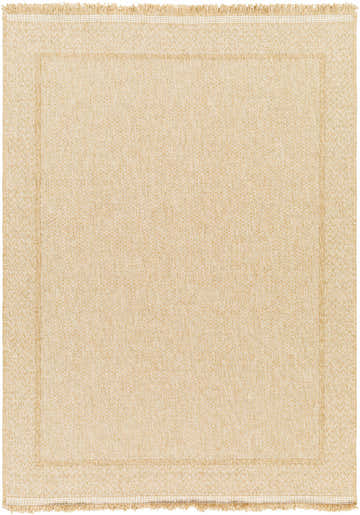 Close-up of the Dorie Indoor Outdoor Rug in camel. Machine woven polypropylene rug with fringe detail. Design-Rectangle-537