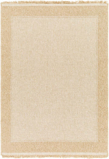 Close-up of the Endre Bone Indoor & Outdoor Area Rug. Beige and bone tones with a subtle herringbone pattern and fringed edges. Design-Rectangle-537
