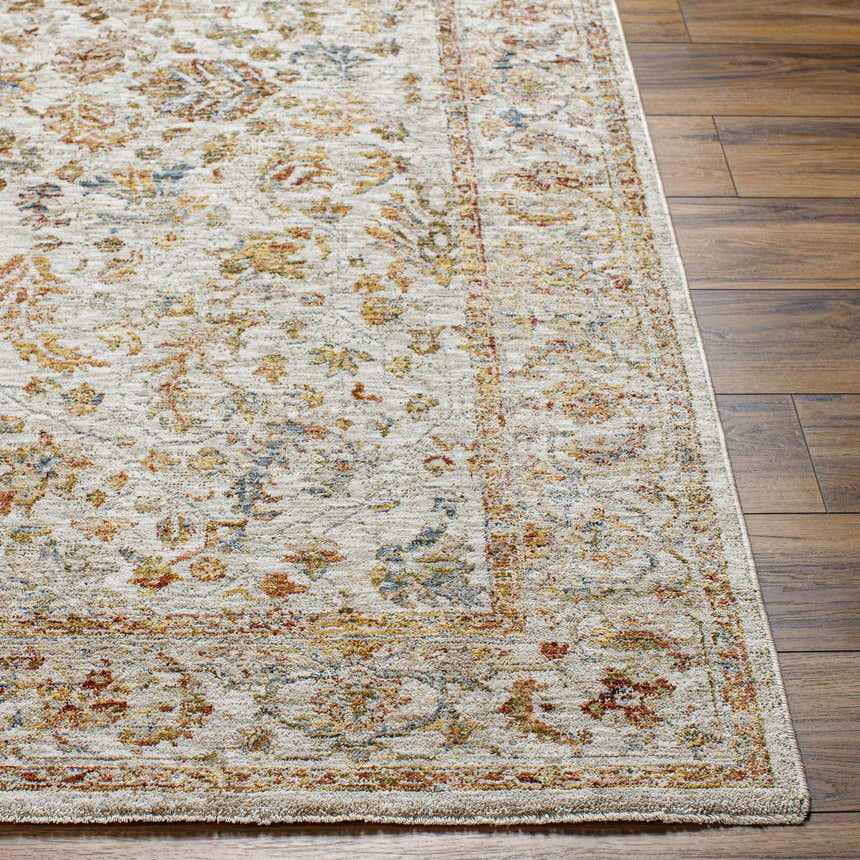 Close-up of the Asabi Tan Textured Rug showing the traditional floral pattern and colors like tan, red, mustard, and blue. Front