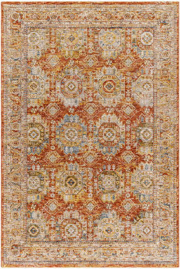 Detailed Crescentia Rust Area Rug close-up. Traditional farmhouse style with brick red, mustard, and navy geometric patterns. Design-Rectangle-575
