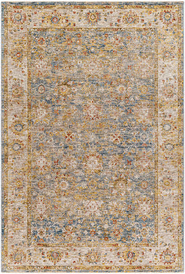 Duong Beige & Blue Textured Rug, close-up. Farmhouse style rug with brick red, mustard, and navy floral pattern. Design-Rectangle-575