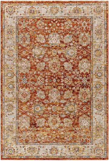 Detailed Duong Rust Textured Rug. Features brick red, tan, and blue floral patterns. Farmhouse style. Design-Rectangle-575