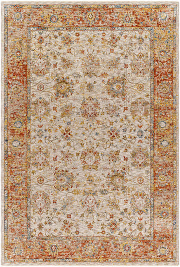 Close-up of the Duong Beige & Rust Textured Rug with Fringes. Features a traditional floral pattern and brick red border. Design-Rectangle-575
