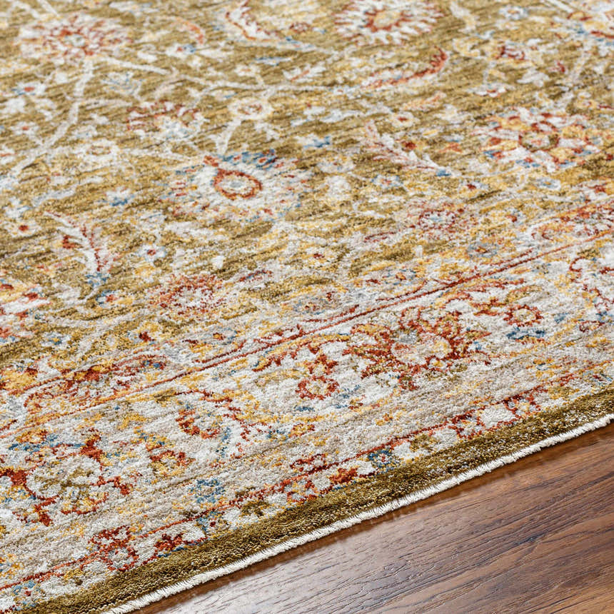 Close-up of the Dyan Green Textured Rug. Features a traditional pattern with brick red, mustard, and navy accents. Texture