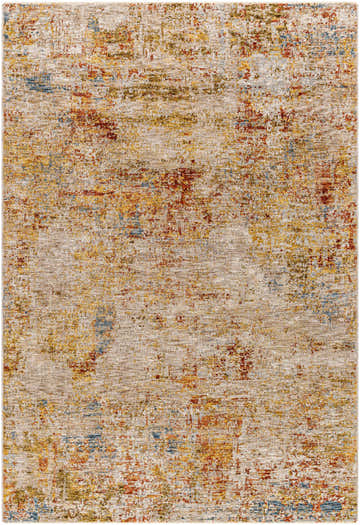 Close-up of the Eula Textured Rug. Abstract design in brick red, mustard, dark blue, and sage on a tan background. Design-Rectangle-575
