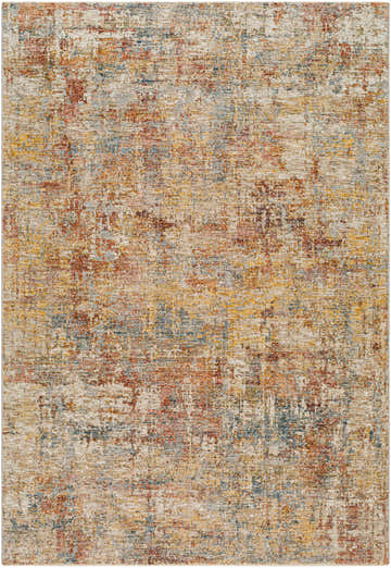 Close-up of the Garo Textured Rug. Abstract design with brick red, burgundy, dark blue, mustard, and tan colors. Design-Rectangle-6796