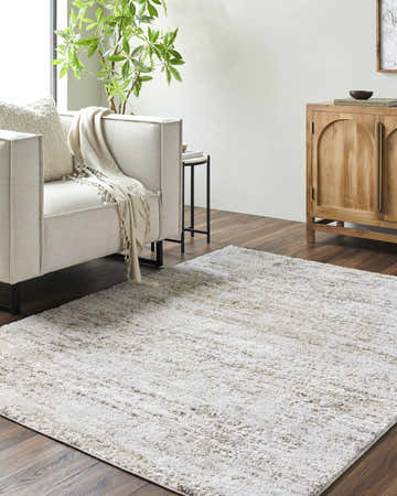 Living room scene with a light silver Siraj Area Rug, beige sofa, wood cabinet, and dark wood floors. Roomscene-Rectangle