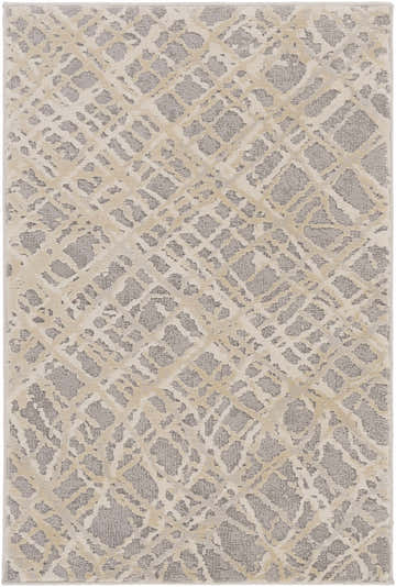 Close-up of the Smock Modern Trellis Web Rug in beige, charcoal, and gray. Contemporary rug with a geometric trellis pattern. Design-Rectangle-23