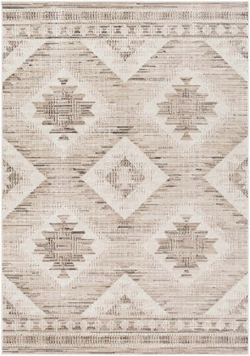 Close-up of Smoketown Area Rug. Jute and polypropylene rug with a black, tan, and white geometric Southwestern pattern. Design-Rectangle-5376