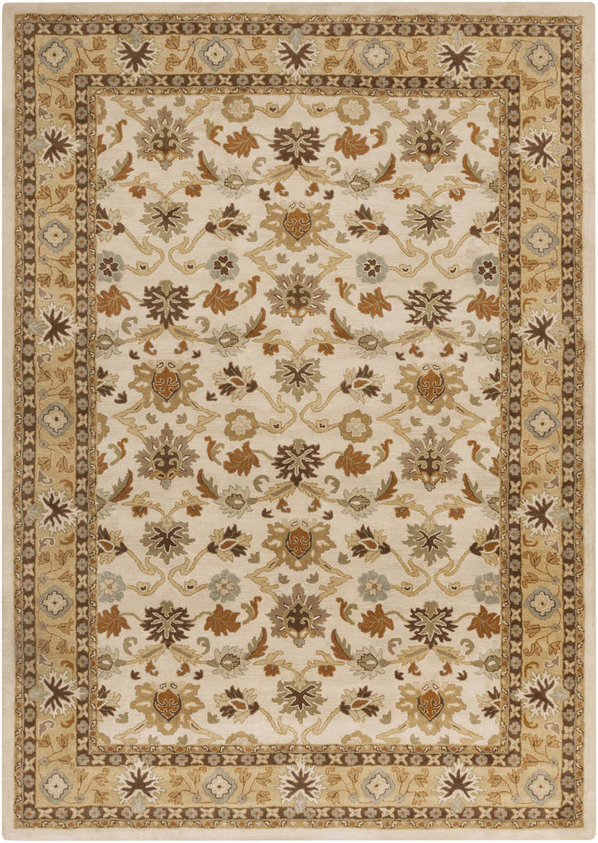Close-up of the hand-tufted Smoot Area Rug. Beige rug with brown, tan, and olive floral pattern and traditional border. Design-Rectangle-1014