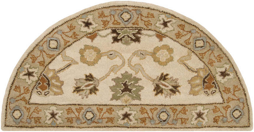 Close-up of a Hearth-shaped Smoot Area Rug. Beige wool rug with brown, olive, and slate floral pattern. Hand-tufted texture. Design-Hearth