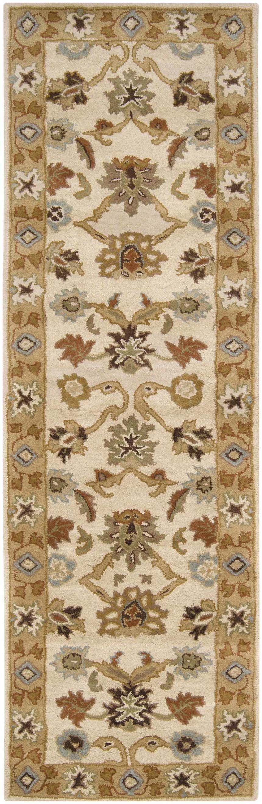 Close-up of the Smoot Area Rug. Hand-tufted wool rug with traditional floral pattern in brown, beige, olive, and slate blue. Design-Runner-268