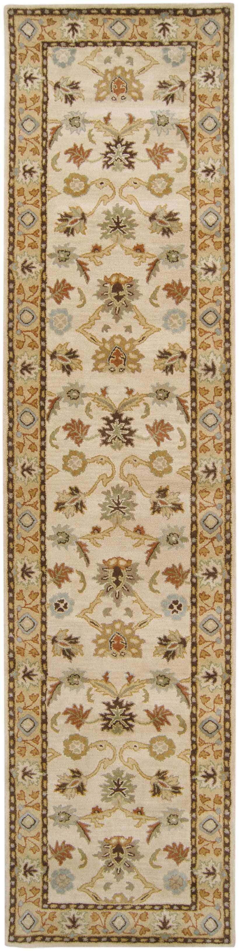 Hand tufted Smoot Area Rug. Beige wool runner with traditional floral and geometric pattern in brown, olive, and slate blue. Design-Runner-312