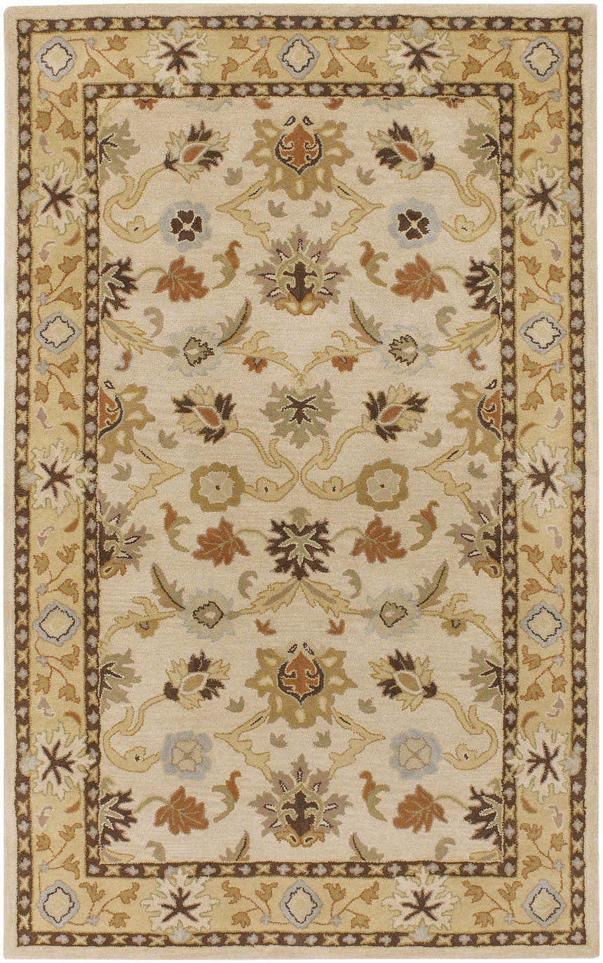 Detailed floral pattern on a beige Smoot Area Rug. Colors include brown, burnt orange, olive, and slate blue. Design-Rectangle-58