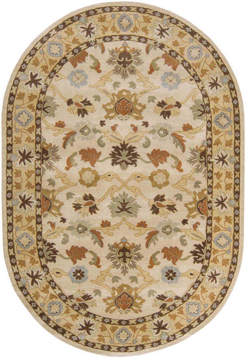 Detailed oval Smoot Area Rug in beige, brown, and blue. Hand-tufted wool rug with a traditional floral pattern. Design-Oval-69