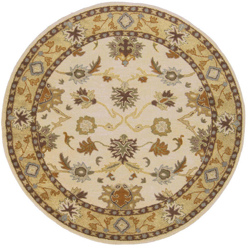 Detailed round Smoot Area Rug in light beige wool with brown, olive, and slate floral and geometric patterns. Design-Round-6