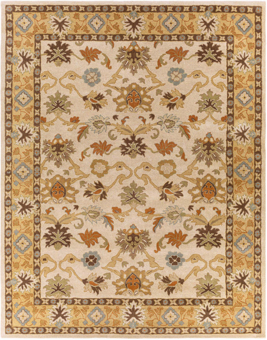 Detailed floral pattern on a beige Smoot Area Rug. Colors include brown, burnt orange, and slate blue. Design-Rectangle-7696