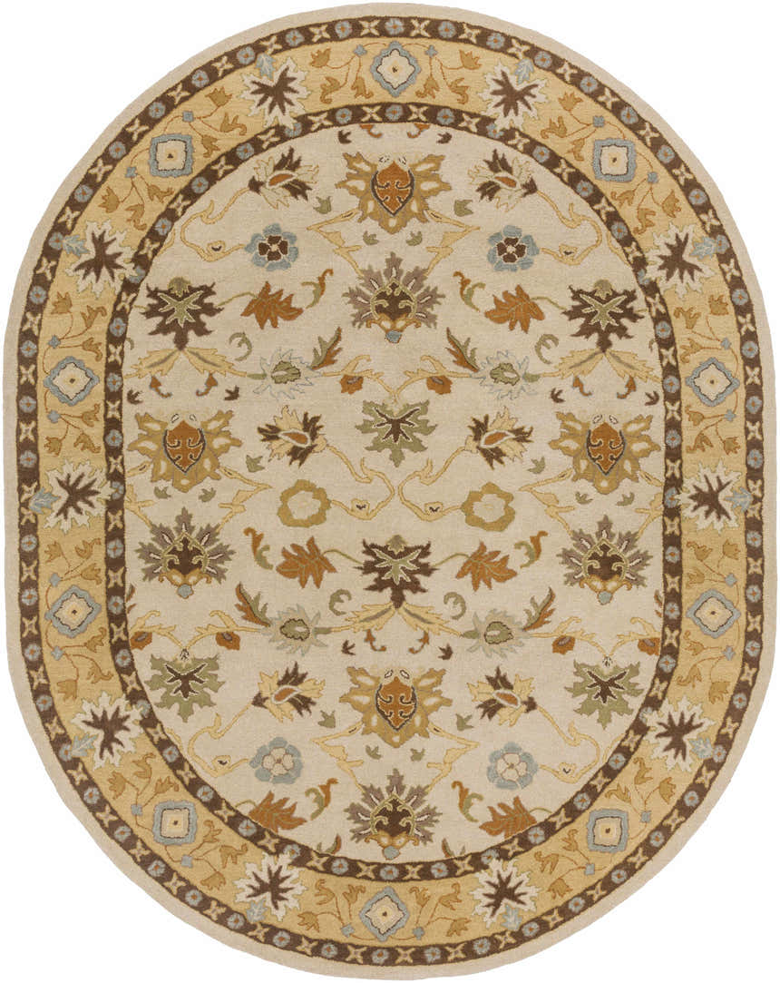 Oval Smoot Area Rug with beige background and floral pattern in brown, olive, tan, and slate blue. Hand-tufted wool rug. Design-Oval-810