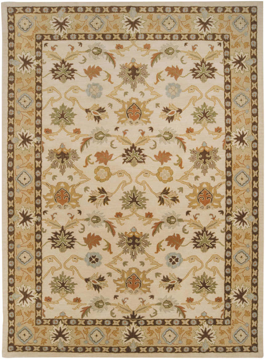 Detailed floral pattern on a Smoot Area Rug. Beige background with brown, orange, and blue accents. Traditional style. Design-Rectangle-811