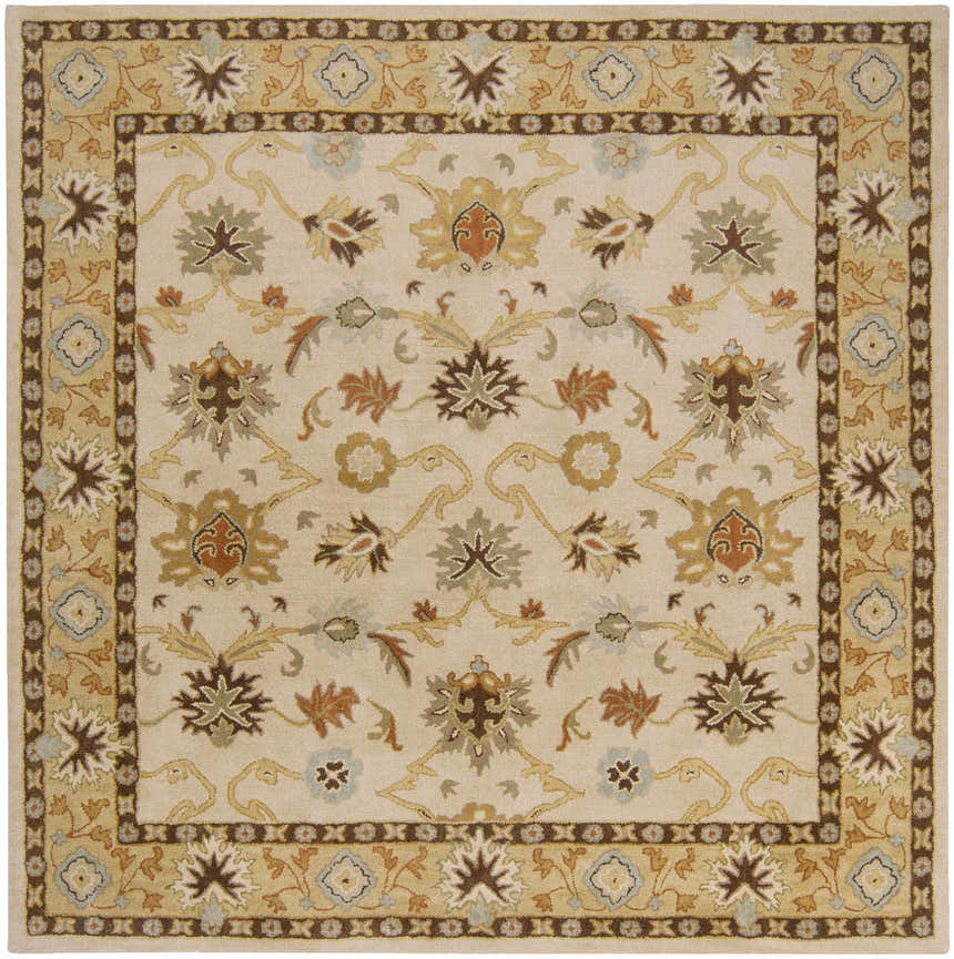 Detailed square Smoot Area Rug with a traditional floral pattern in light beige, brown, and olive tones. Hand-tufted wool texture. Design-Square-8