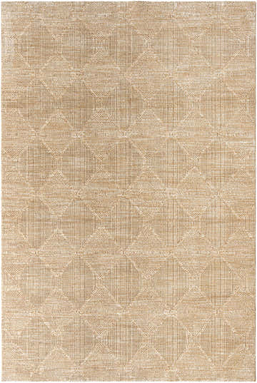 Close-up of the Dekan Tan Area Rug. Light brown polyester rug with a geometric diamond pattern and a farmhouse style. Design-Rectangle-6796