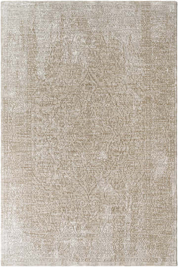 Close-up of the Josie Area Rug in beige, showcasing its traditional, subtly textured floral and border pattern. Design-Rectangle-6796