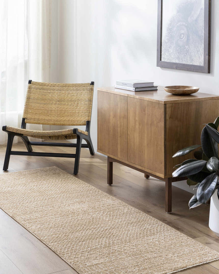 Entryway with tan Kamin Area Rug runner, woven chair, wood cabinet, and plant for a modern farmhouse look. Roomscene-Runner