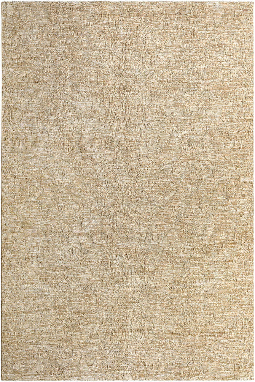 Close-up of Katia Tan Area Rug. Khaki and tan farmhouse style rug with subtle traditional pattern and soft texture. Design-Rectangle-6796