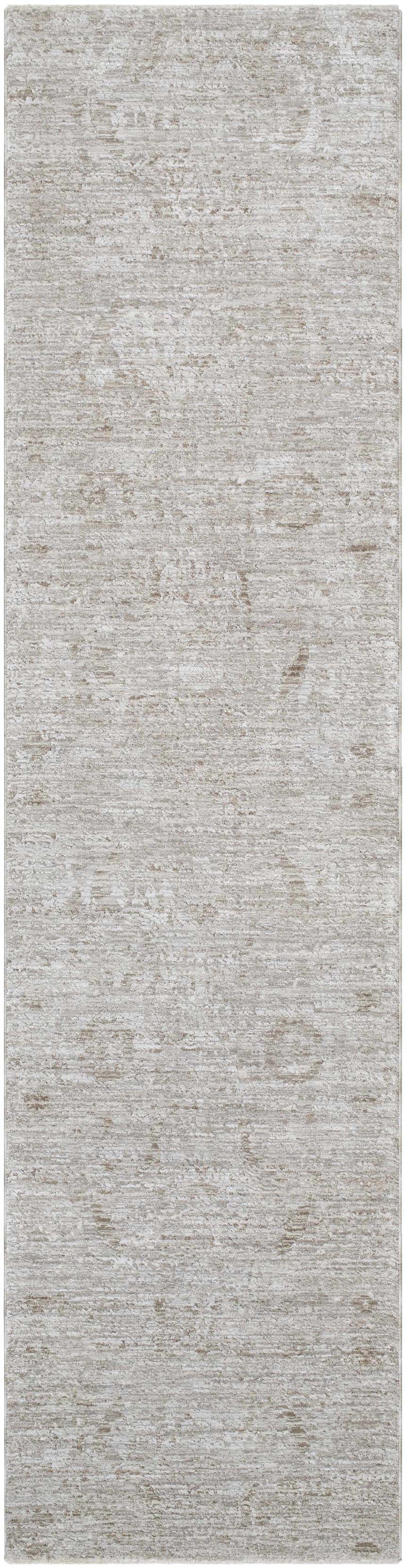 Close-up of the Katia Area Rug, light gray and natural gray, with a subtle traditional pattern and soft texture. Design-Runner-2710