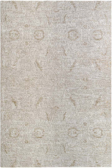 Close-up of the Katia Area Rug. Light gray and natural gray traditional pattern, machine woven polyester texture. Design-Rectangle-6796