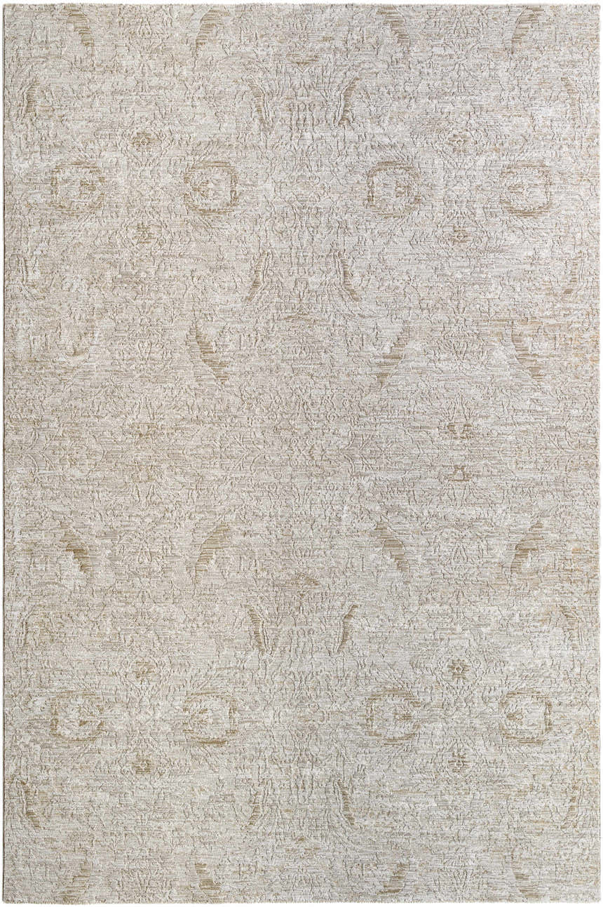 Close-up of the Katia Area Rug. Light gray and natural gray traditional pattern, machine woven polyester texture. Design-Rectangle-6796