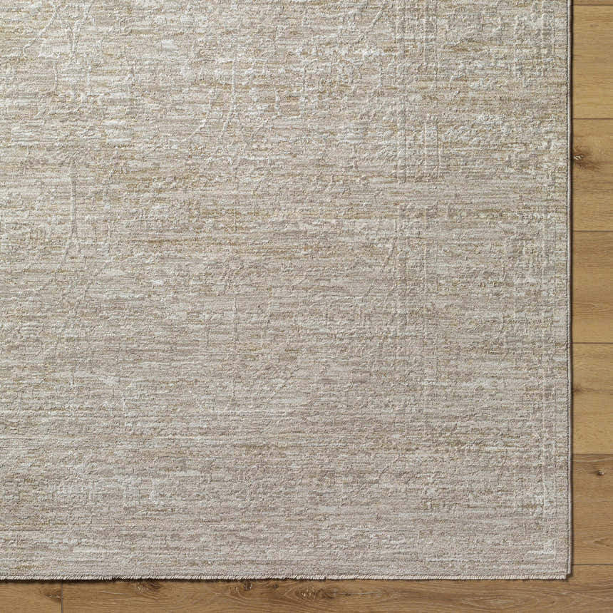 Close-up of the light gray Kyran Area Rug showing its subtle traditional pattern and soft, textured weave on wood floor. Corner