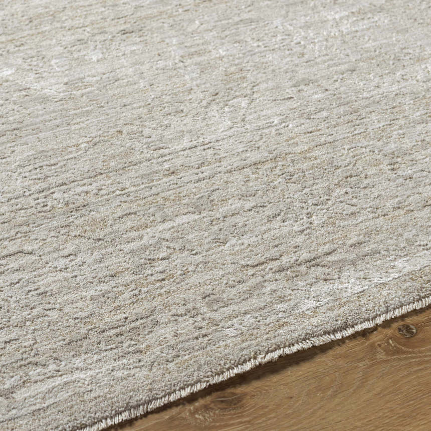Close-up of the light gray Kyran Area Rug showing its subtle pattern and texture on hardwood floor. Texture
