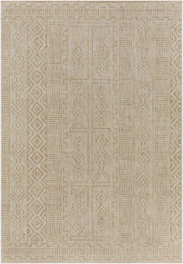 Close-up of the Epson Beige Indoor Outdoor Rug with a woven geometric pattern in khaki, brown, and gray tones. Design-Rectangle-5377