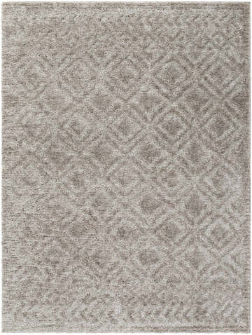 Close-up of the Amnon Area Rug; a gray shag rug with a subtle diamond pattern and soft, textured pile. Design-Rectangle-537