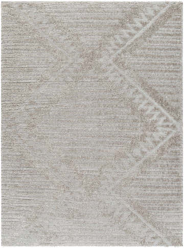 Close-up of the Edsel Gray Area Rug showing its shag texture and subtle geometric pattern in shades of gray and taupe. Design-Rectangle-537