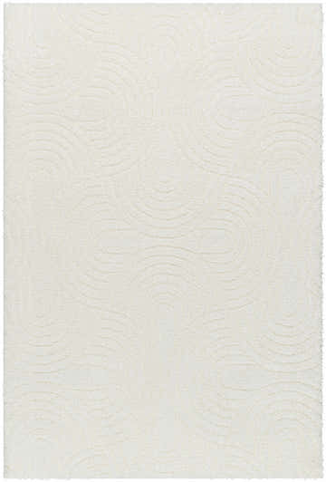 Close-up of a beige Kaoru Area Rug. Shag texture with subtle, swirling contemporary pattern. Design-Rectangle-537