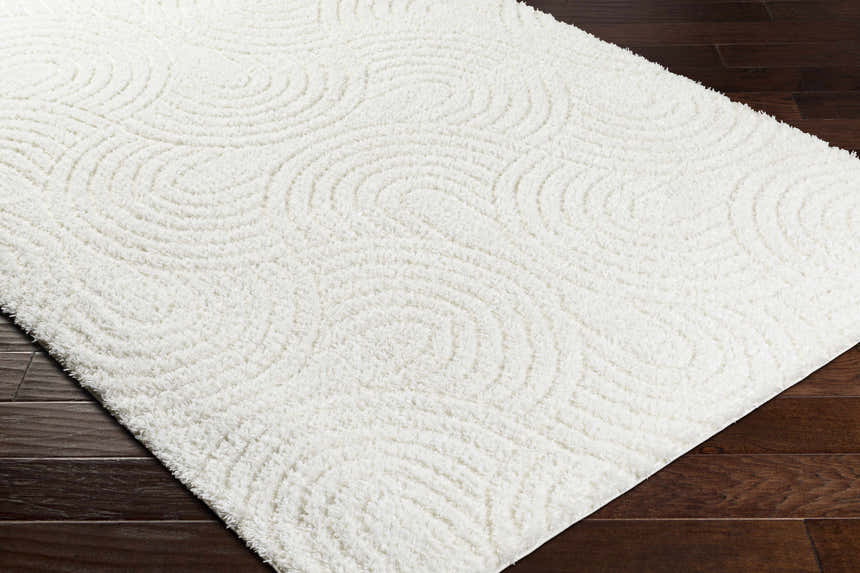 Close-up of the Kaoru Area Rug showing a beige shag texture and a subtle, swirling pattern on dark wood floors. Corner