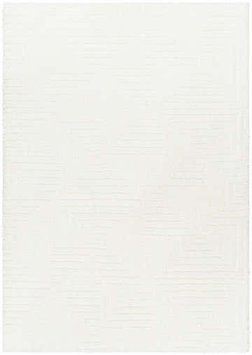 Close-up of the Layla Area Rug, a white shag rug with a subtle geometric pattern. Design-Rectangle-537