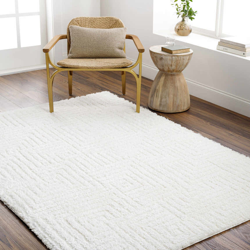 Bright room scene with a white Layla area rug, woven chair, wood side table, and dark wood floors. Roomscene-Rectangle