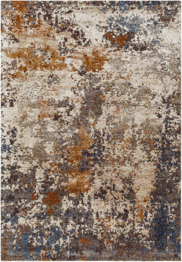 Close-up of Santoy Thick Luxe Rug featuring a contemporary abstract design in cream, brown, and blue tones. Design-Rectangle-5373