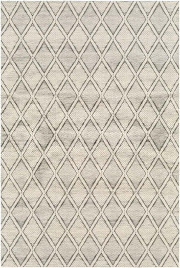 Close-up of the Aeron Area Rug, showcasing its bone and dark gray geometric diamond pattern and hand-woven texture. Design-Rectangle-576