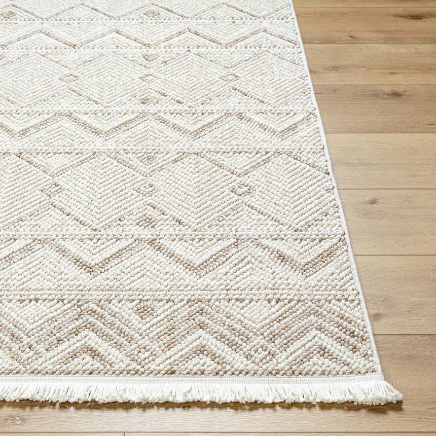 Close-up of the Armen Area Rug. Beige and cream geometric pattern with fringe on light wood floor. Front