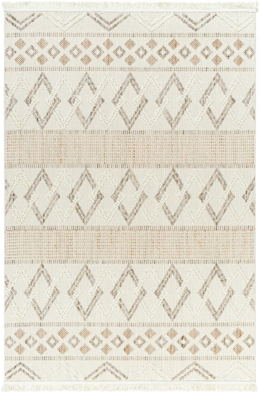 Close-up of Faruq Area Rug. Beige rug with geometric diamond patterns in brown and gray. Farmhouse style. Design-Rectangle-537