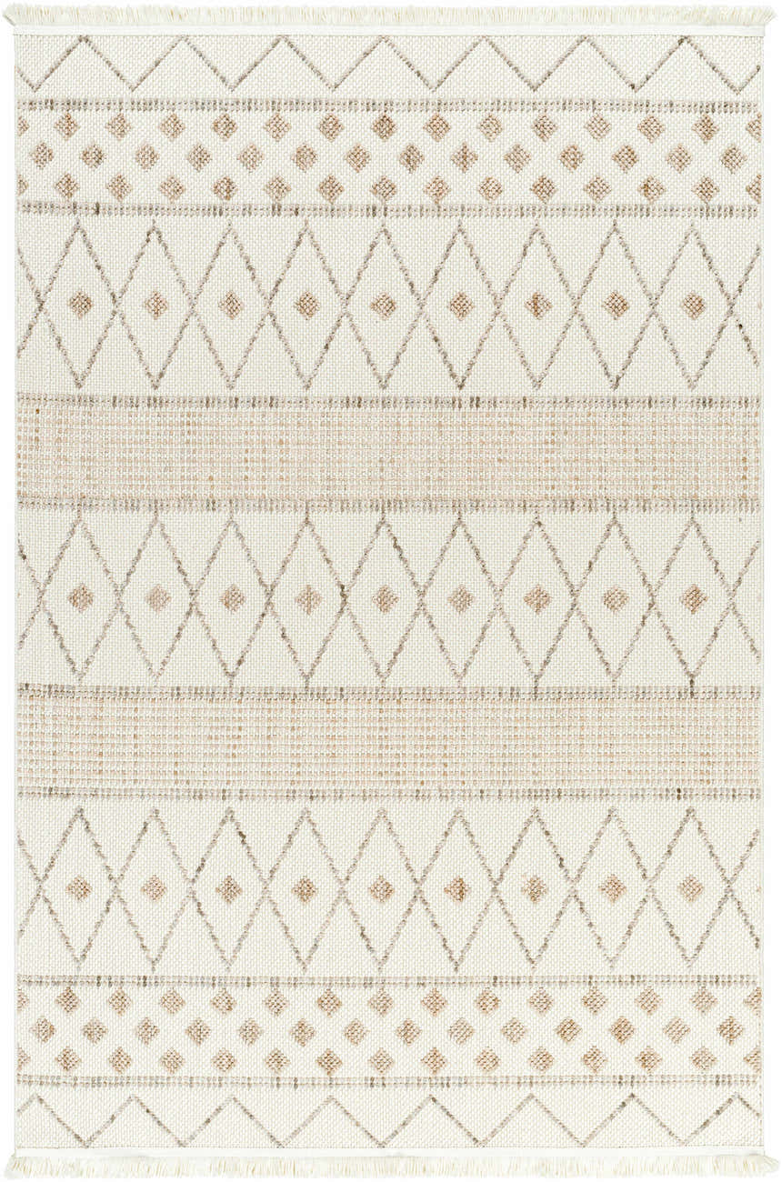 Close-up of the Finch Area Rug. Beige rug with diamond and stripe pattern in brown, nutmeg, and cream. Farmhouse style. Design-Rectangle-537