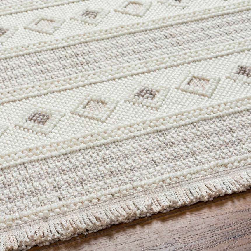 Close-up of Hideo Area Rug showing beige, gray, and cream geometric pattern and textured, fringed edge. Farmhouse style. Texture