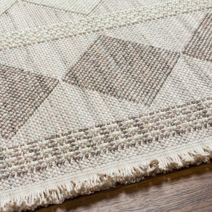 Close up of the Igone Area Rug showing beige and brown geometric pattern and textured fringe. Texture